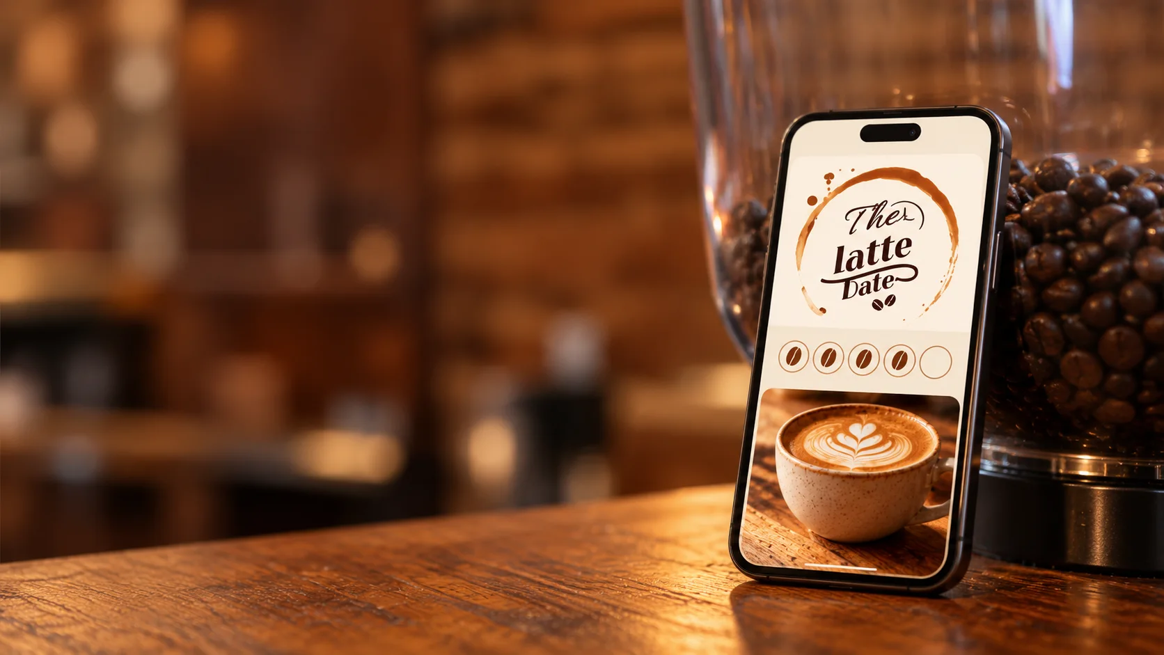Tarjeta digital de recompensas de The Latte Date en un celular junto a un café