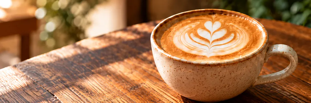 Una taza de café con arte latte sobre una mesa de madera