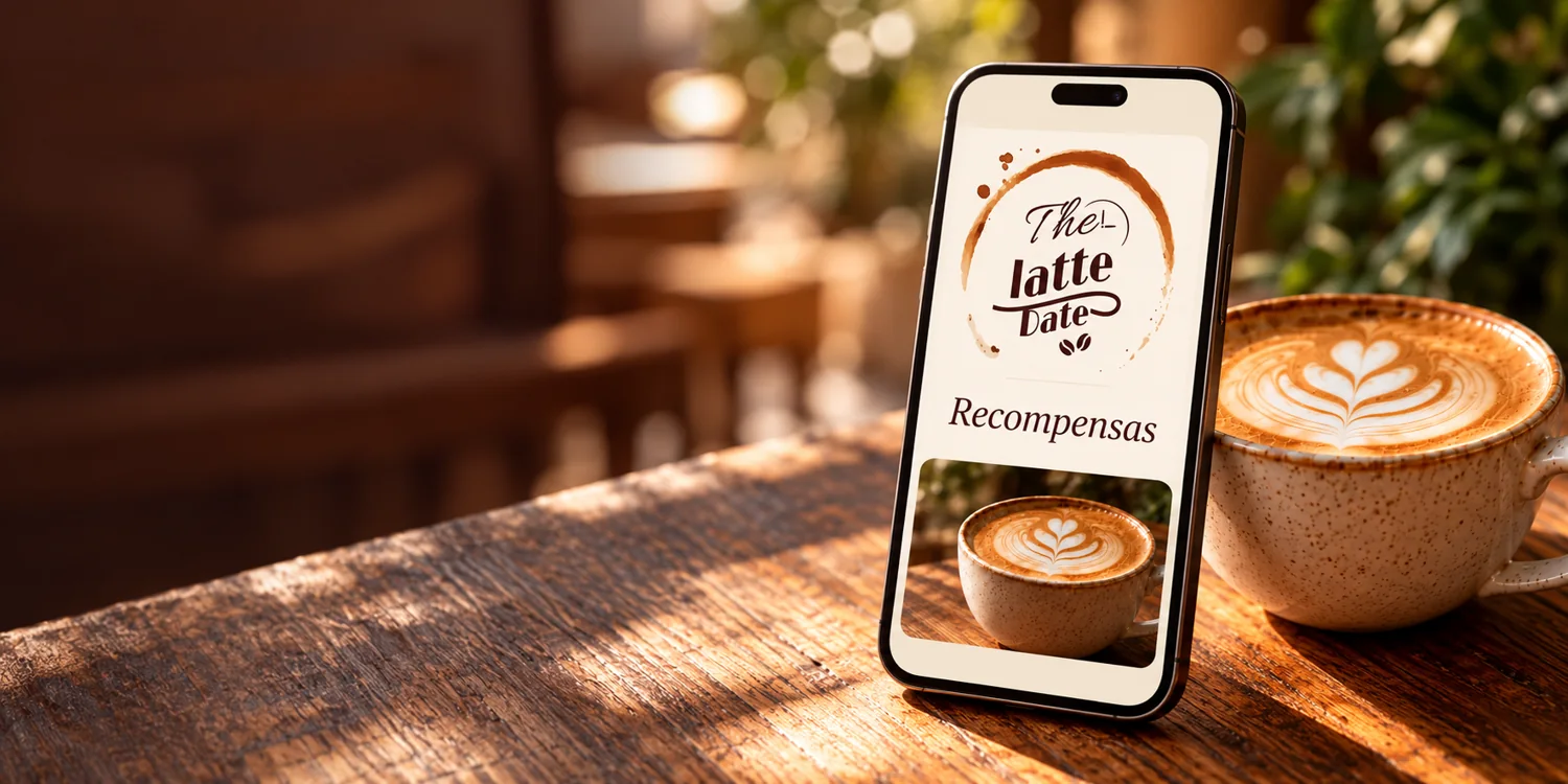 Tarjeta digital de recompensas de The Latte Date en un celular junto a un café